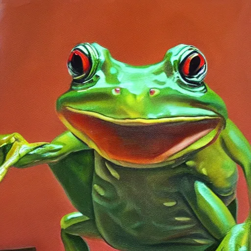 Image similar to an oil painting in the style of albert beirstadt, a bodybuilding frog