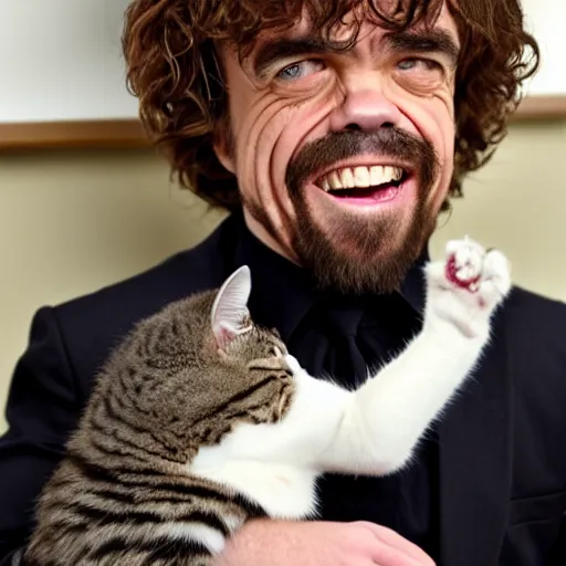 Image similar to peter dinklage laughing hysterically at a cat,