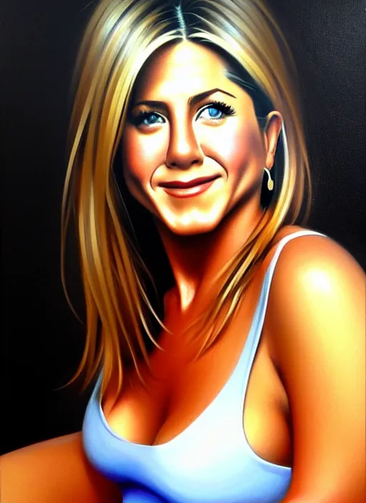 Image similar to portrait of cute jennifer aniston as a bit chubby young woman, painted by stanley artgerm, sleek curves, sharp focus, trending on artstation hq, deviantart