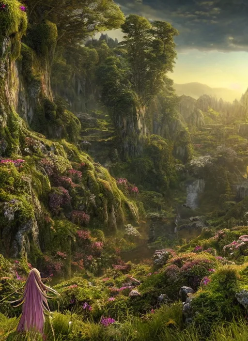 Prompt: an elven princess with wings of lace in the lord of the rings scenery landscape, looking out at a vast lush valley of fairy homes, flowers, sunrise, god's rays highly detailed, vivid color, cinematic lighting, perfect composition, 8 k, gustave dore, derek zabrocki, greg rutkowski, belsinski, octane render