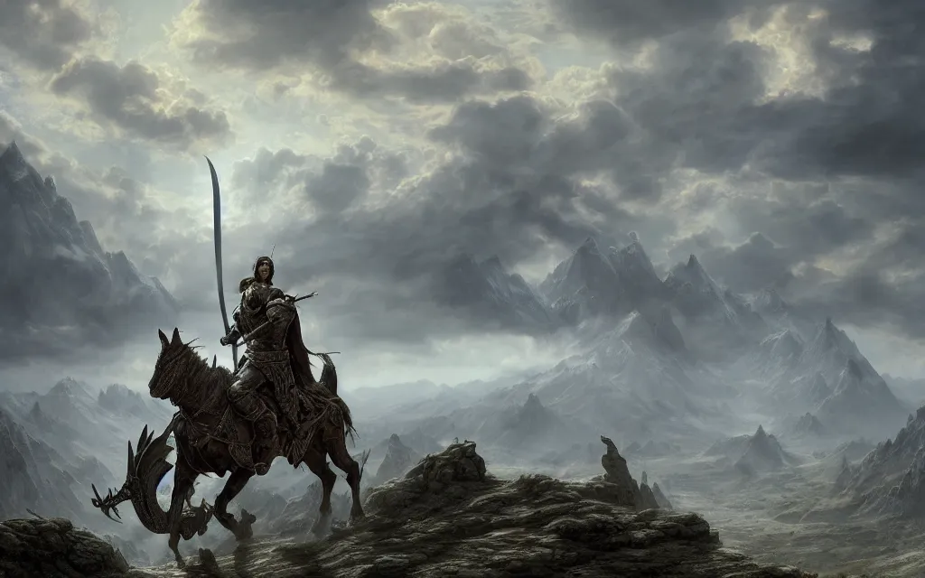 Image similar to a warrior on horseback holding a sword fighting a dragon, fantasy composition, medieval adventurers in lord of the rings scenery landscape, magic portal in the sky, highly detailed, cinematic lighting, perfect composition, 4 k, gustave dore, derek zabrocki, greg rutkowski, belsinski, octane render, dark fantasy, intricate, elegant, highly detailed