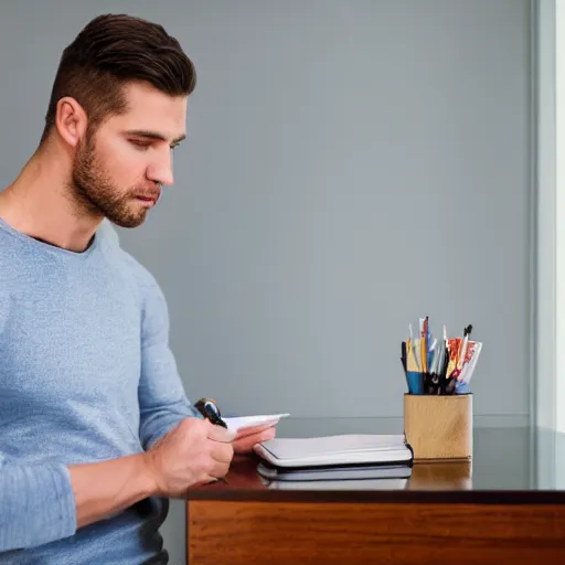 Image similar to A blond, muscular man writes an appointment in his calendar