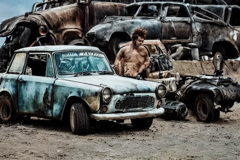 Image similar to trabant in mad max fury road, scene from the film