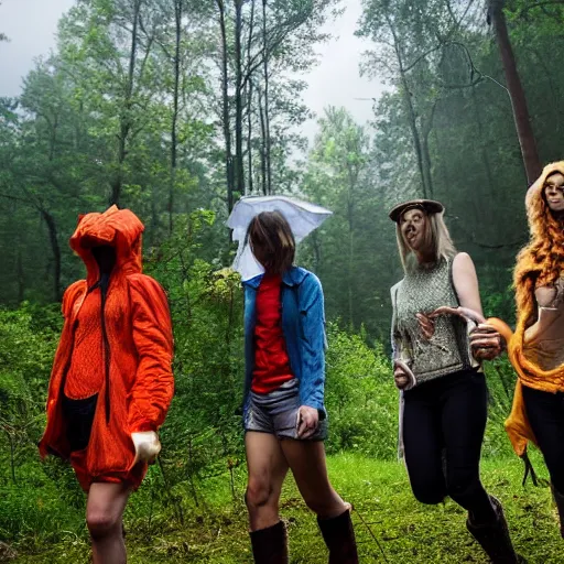 Image similar to A group of friends in costumes walking in the forest looking for mushrooms while a thunderstorm is brewing in the background