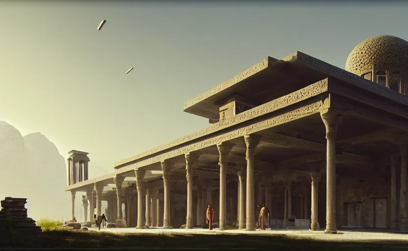 Image similar to exterior shot of utopian train station on in the middle of an ancient persian temple hill with cinematic lighting by peter zumthor and renzo piano, darek zabrocki and greg ruthkowski, simon stalenhag, cinematic, holy place, paradise, scifi, futurism, atmospheric, concept art, artstation, trending on artstation