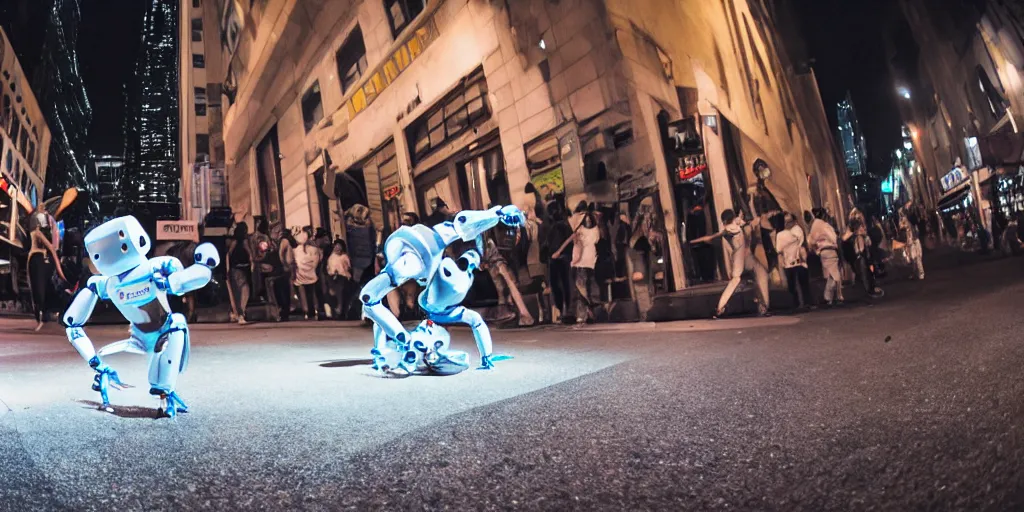 Prompt: two robots break dancing downtown at night, with a crowd watching, wide angle, go pro, photoreal