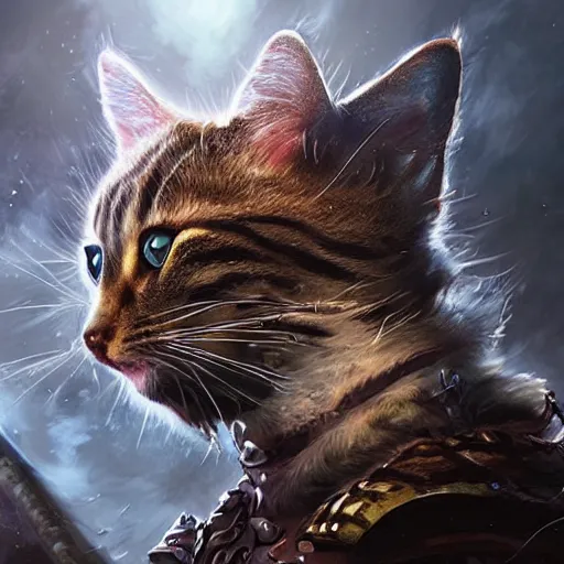 Image similar to a hyper realistic cat warrior, ultra detailed, magic the gathering art, digital art, cinematic, studio lighting, background battlefield, fantasy,