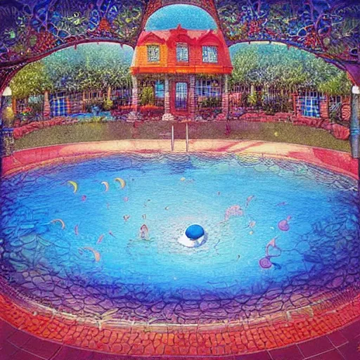 Prompt: A digital art of a swimming pool with a big splash in the center. The colors are very bright and the digital art is very eye-catching. by Daniel Merriam, by Charles Angrand exciting, comforting