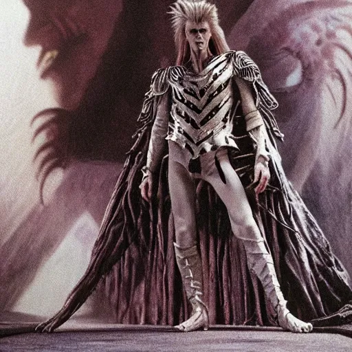 Image similar to David Bowie as the Goblin King from the movie Labyrinth (1986), intricate, highly detailed, fullbody, artstation, concept art, smooth, sharp focus, illustration, art by greg rutkowski and orientalism and bouguereau and Zdzislaw Beksinski, good clear quality, lighting, biology, symmetrical artwork, perfect face, 135 mm, cinematic, hyper realism, high detail, octane render, 8k, chrome accents