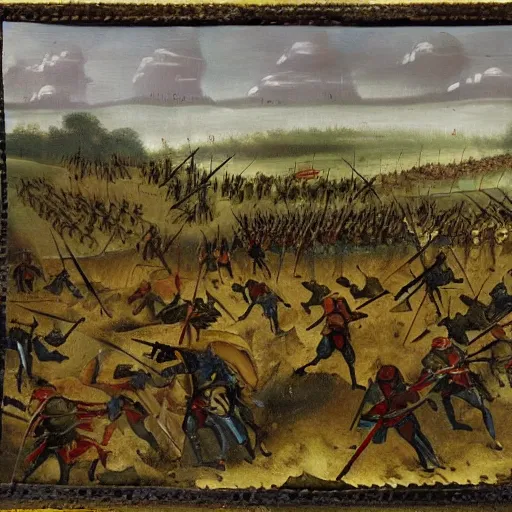 Image similar to distant evening medieval war landscape, two armies clashing on an open field, atmospheric, dnd