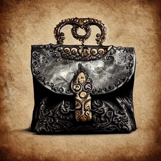 Image similar to an ornate small leather bag, fantasy illustration, medieval era, blank background, studio lighting, digital art