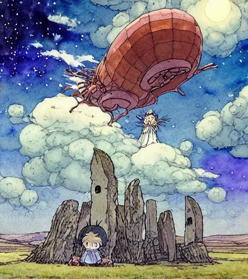 Image similar to hyperrealist studio ghibli watercolor fantasy concept art of an immense ufo from howl's moving castle sitting on stonehenge like a stool. it is a misty starry night. by rebecca guay, michael kaluta, charles vess