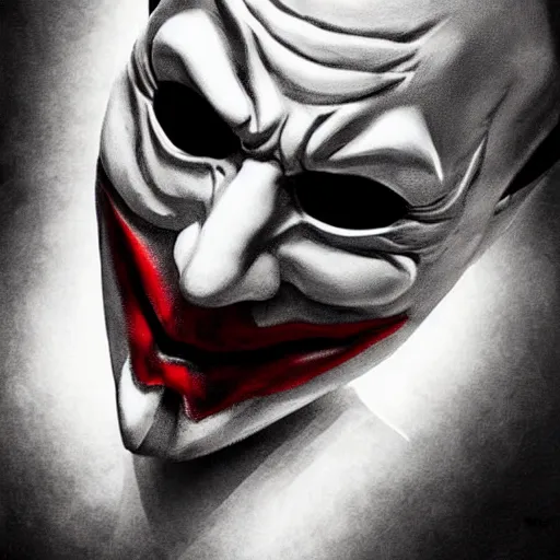 Image similar to anonymous mask inspired by joker, digital art, photorealistoc, art by greg rutkowski, hyperdetailed, western comic style, comic, comic style, sharp lineart, professional lighting, deviantart, artstation, trevor henderson, rossdtaws, cinematic, dramatic