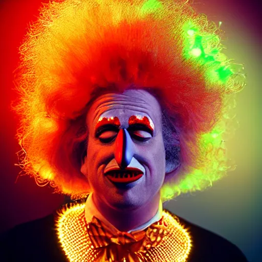 Image similar to uhd candid photo of cosmic krusty the clown, glowing, global illumination, studio lighting, radiant light, detailed, correct face, elaborate intricate costume. photo by annie leibowitz