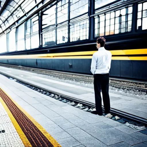 Prompt: a man in a suit waiting at a train station with a view of outer space across from him