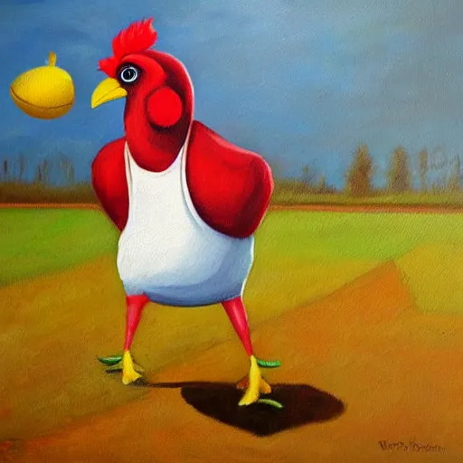 Image similar to the famous funky chicken runs across a football field, interrupting the big game, oil painting