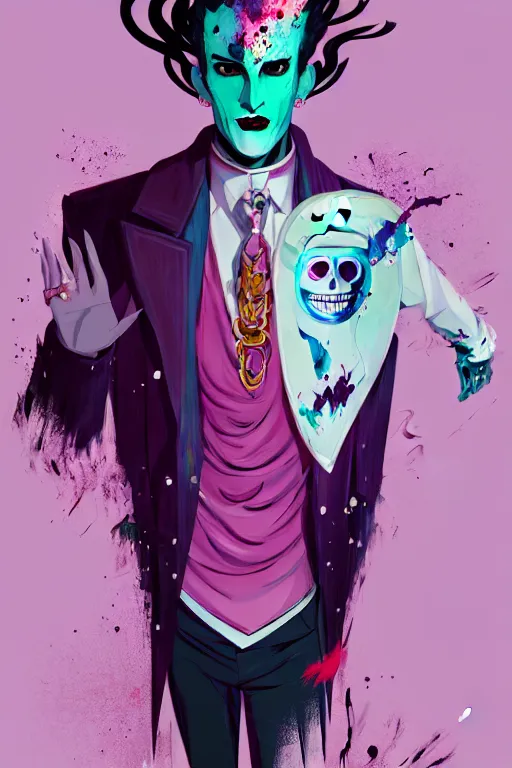 Prompt: wealthy male half necromancer, made of white gucci fabric, pixiv fanbox, dramatic lighting, maximalist pastel color palette, splatter paint, pixar and disney concept, graphic novel by fiona staples and dustin nguyen peter, elson alan, bean, wangechi mutu, clean cel shaded vector art, trending on artstation