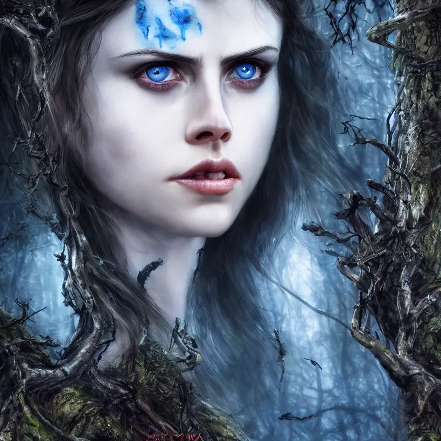 Image similar to photo of a gorgeous nordic female, covered in blue blood, in a dark forest, alexandra daddario face!, realistic, sharp focus, 8 k high definition, insanely detailed, intricate, elegant, art by stanley lau and artgerm, luis royo, greg kutkowski