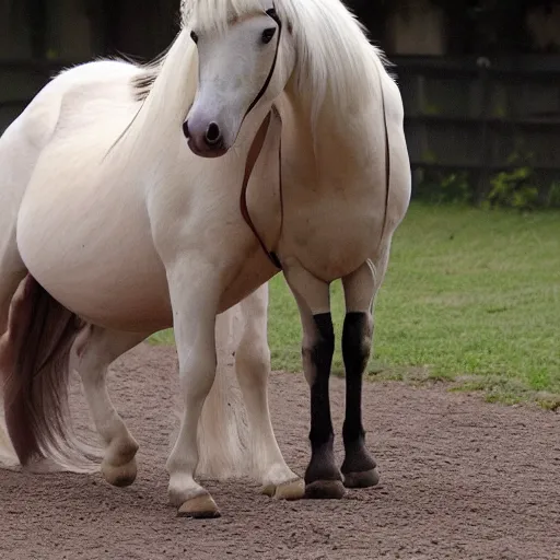 Prompt: a hyper obese horse. The horse is so fat that his legs can’t touch the ground