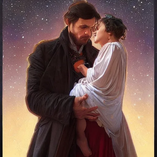 Image similar to great father of the family, his starry cloak, hugging his beautiful wife, and little glowing baby in her arms. beautiful painting by artgerm and greg rutkowski and alphonse mucha