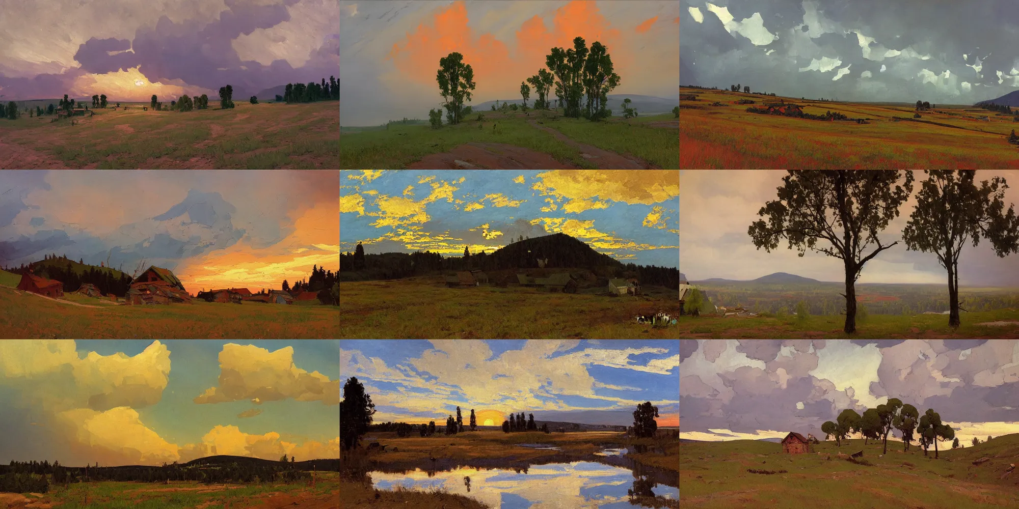 Prompt: painting in the style of Isaac Levitan, Savrasov, arkhip kuindzhi, T Allen Lawson and Ian Fisher and sidney richard percy, wide river and tiny house on the top of the hill, dream heavenly cloudy sky, horzon, hurricane stromy clouds, Alpes, small village, forests and low mountains at sunset sunrise, volumetric lighting, very beautiful scenery, pastel colors, ultra view angle view