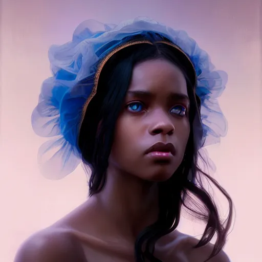 Image similar to a Photorealistic dramatic hyperrealistic bright blue eyes, African American girl, black hair, white veil,by WLOP,Artgerm,Greg Rutkowski,Alphonse Mucha, Beautiful dynamic dramatic dark moody lighting,shadows,cinematic atmosphere,Artstation,concept design art,Octane render,8k