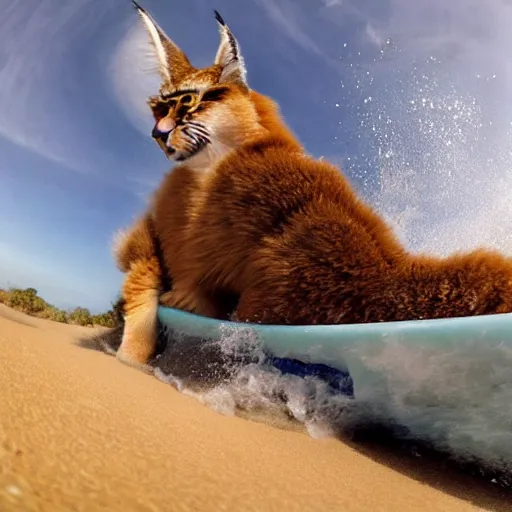 Image similar to gopro photo of a cute fluffy caracal surfing,