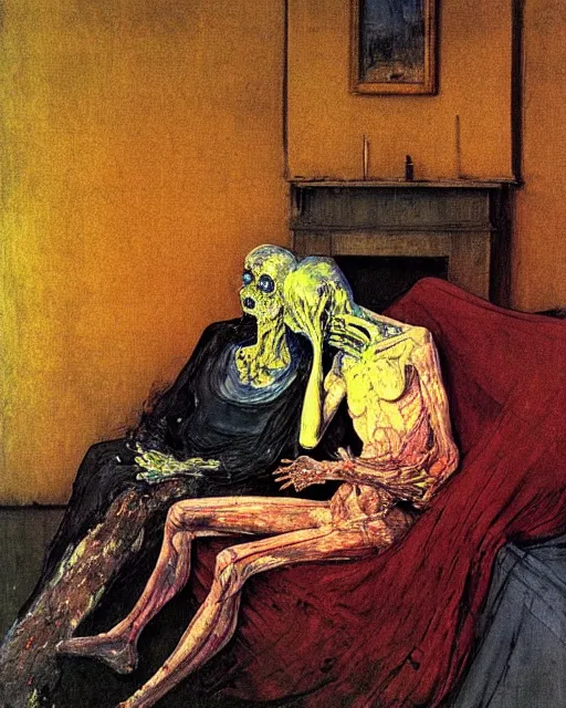Image similar to an old dead couple sitting on a couch in a messy living room in an old apartment watching the televison on fire,  Francisco Goya and Francis Bacon painting, part by Beksiński and EdvardMunch. art by Harry Clarke and Peter Mohrbacher, Francis Bacon masterpiece