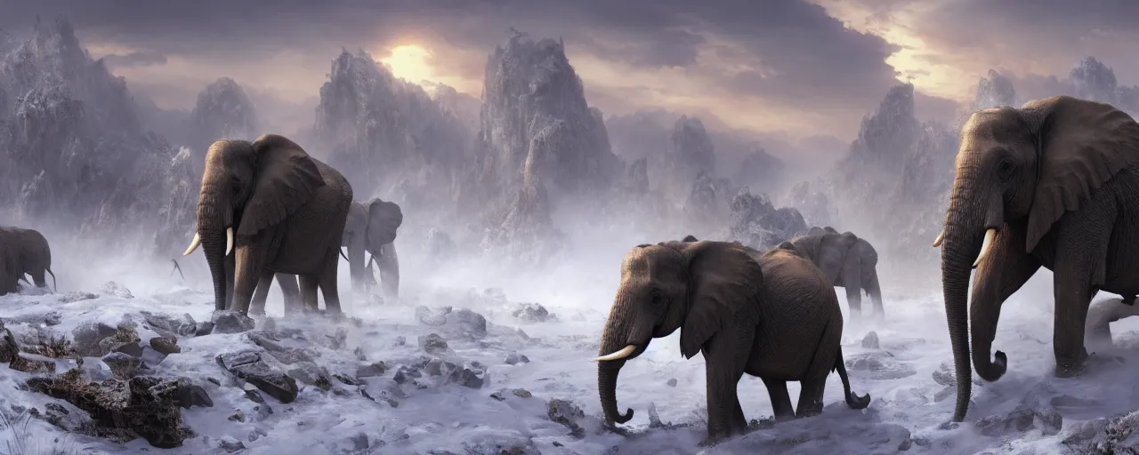 Prompt: African war elephants wearing elaborate elephant war armor fighting in snow mountain landscape, beautiful dynamic lighting, cinematic, wide angle establishing shot, extremely high detail, photo realistic, cinematic lighting, post processed, concept art, artstation, matte painting, style by frederic church, raphael lacoste, unreal engine 8k