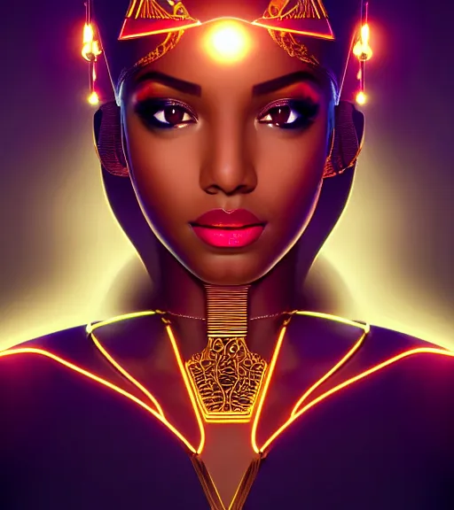 Image similar to symmetry!! egyptian princess of technology, solid cube of light, hard edges, product render retro - futuristic poster scifi, lasers and neon circuits, brown skin gorgeous egyptian princess, intricate, elegant, highly detailed, digital painting, artstation, concept art, smooth, sharp focus, illustration, dreamlike, art by artgerm