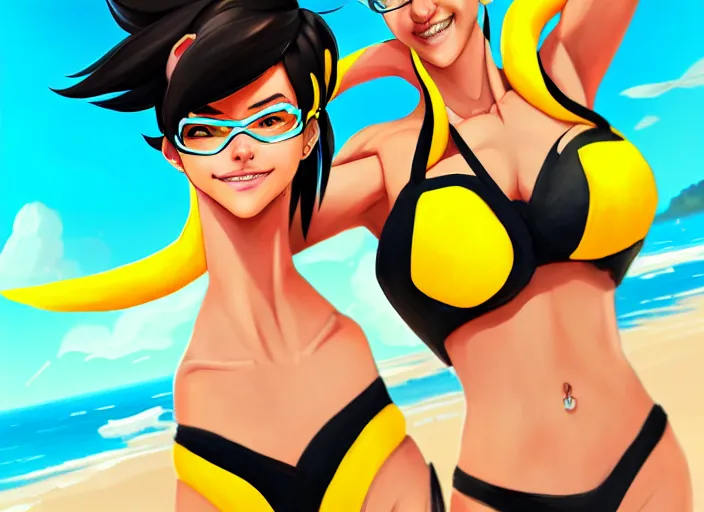 Image similar to style overwatch tracer, a girl with black hair, with a very beautiful symmetrical face, a smile on her face, tanned skin, in a yellow bikini, against the background of a sea beach, in art style, high detail, digital painting