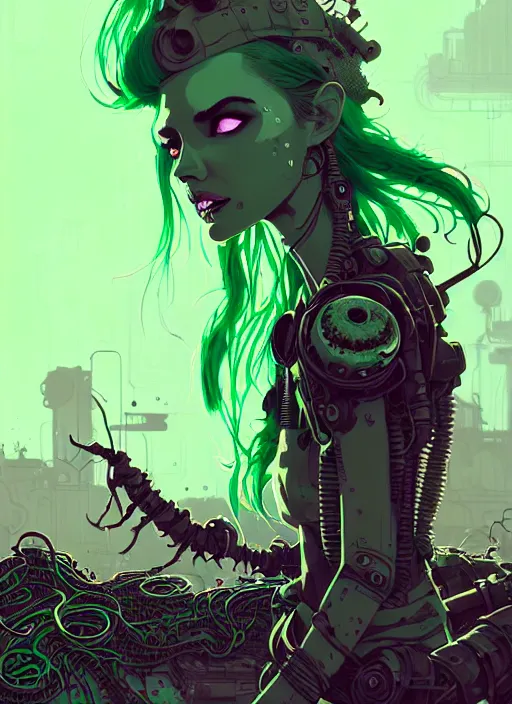 Prompt: highly detailed portrait of wasteland punk long dripping green poison hair tribal lady, stray wiring by atey ghailan, james gilleard, by joe fenton, by greg rutkowski, by greg tocchini, by kaethe butcher, 4 k resolution, gradient purple, brown and black and white color scheme!!! ( ( green flaming robotic sewer background ) )