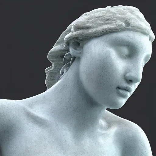 Image similar to “a delicate renaissance marble sculpture covered with water veil, highly detailed transparent marble cloth, gi, global illumination, physically based rendering, photorealistic, top light, dark background ”