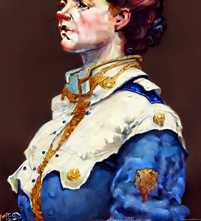 Prompt: portrait of a austria - hungry woman wearing a blue traditional nineteenth century military jacket, metal shoulder pauldrons, intricate, highly detailed, digital painting, artstation, concept art, sharp focus, cinematic lighting, illustration, art by artgerm and greg rutkowski, alphonse mucha, cgsociety