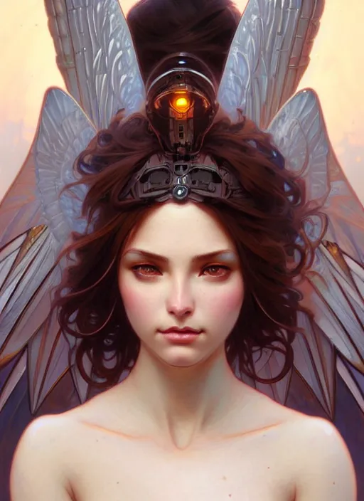 Image similar to portrait of mechanical angel, beautiful girl, intrigante, headshot, highly detailed, digital painting, artstation, concept art, sharp focus, cinematic lighting, illustration, art by artgerm and greg rutkowski, alphonse mucha, cgsociety