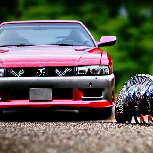 Image similar to beautiful detailed long shot photograph of a spinosaurus crushing a nissan skyline r34 under its feet
