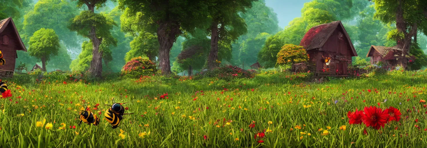 Image similar to crimson - black beehive, large bee hive, in a beautiful forest meadow village landscape, flowers, happy trees, photorealistic, octane render, rtx, hdr, unreal engine, digital art widescreen 8 k, studio ghibli, bob ross, pixar, bee movie, disney