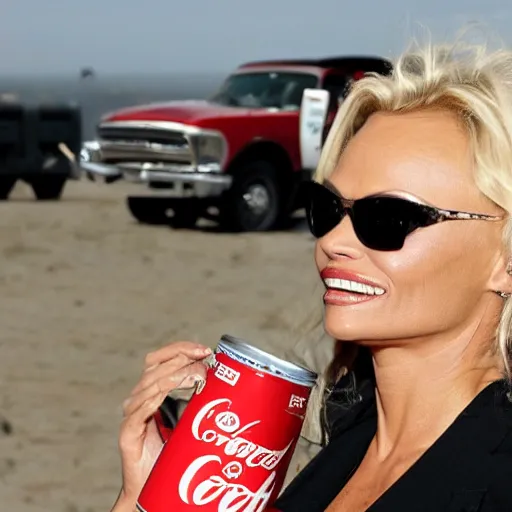 Image similar to pamela anderson driving a monster truck over coke cans