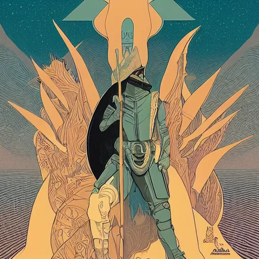 Image similar to majestic dune themed paul atreides messianic tarot card by sachin teng, moebius, artgerm, alphonse mucha, masterpiece, organic painting, matte painting, futuristic geometrical drawing shapes, desert ambience, hard edges, graffiti, poster art by sachin teng