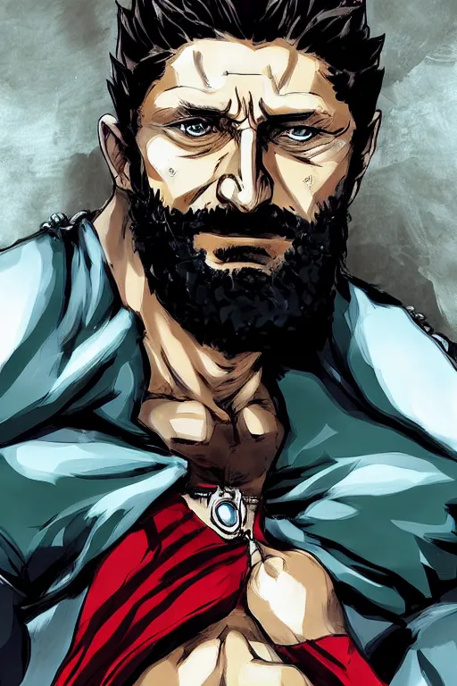 Image similar to Bearded handsome-spartan man Gerard-butler wearing red-cape, bodybuilder posing, portrait, JoJo cover art, JoJo anime style, David Production, style of Vento Aureo cover art, style of Stone Ocean cover art, style of Steel Ball Run cover art, style of JoJolion cover art, Ilya Kuvshinov style, Alexandra Fomina ArtStation, illustrated by Hirohiko Araki