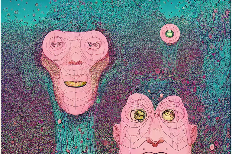 Prompt: gigantic faces that shoot pink lasers from the eyes, a lot of glass around, birds are all over the ground, acid and dreaming psychedelic hallucinations, by bosch jeronim, satoshi kon and moebius, colorful flat surreal design, super - detailed, a lot of tiny details, fullshot