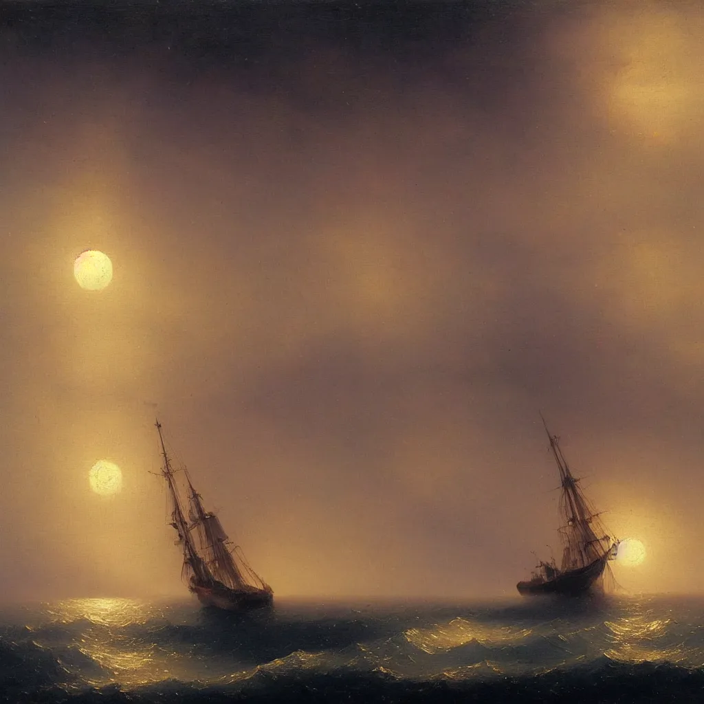 Prompt: Painting by Ivan Aivazovsky, Sailing ship on a moonlit night