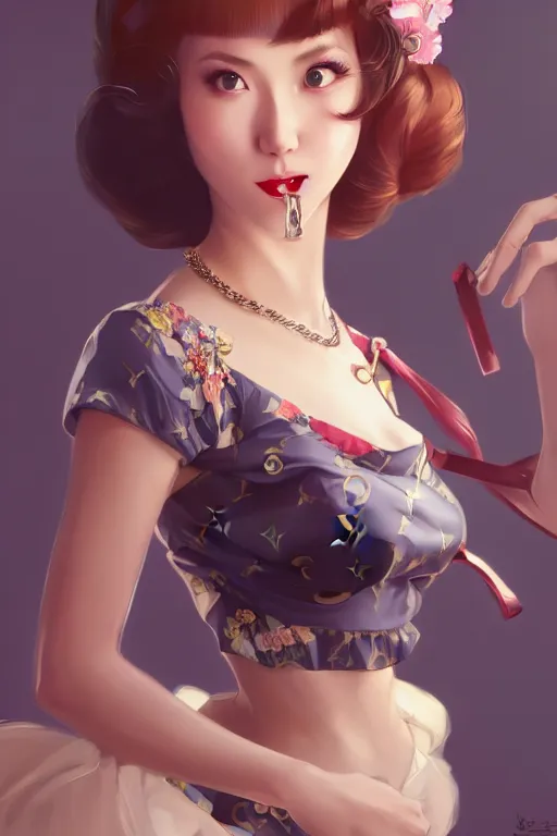 Image similar to a pin up and beautiful fashion charming dreamlke japan girl with lv jewelry, character art, art by artgerm lau and wlop and and ilya kuvshinov and john singer sargent, hyperdetailed, 8 k realistic, symmetrical, frostbite 3 engine, cryengine, dof, trending on artstation, digital art