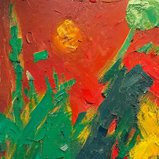 Image similar to oil paint impasto relief, large red and green shiny apple dull naples yellow background, multi layered thick brush marks, some splattered paint, in the style of ivan shishkin and frank auerbach and van gogh