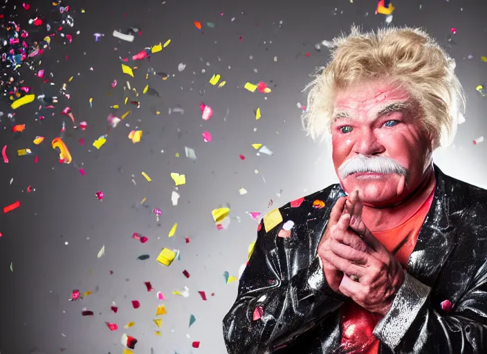 Prompt: photo still of rip taylor at a car accident scene!!!!!!!! at age 5 4 years old 5 4 years of age!!!!!!! throwing confetti from a bucket, 8 k, 8 5 mm f 1. 8, studio lighting, rim light, right side key light