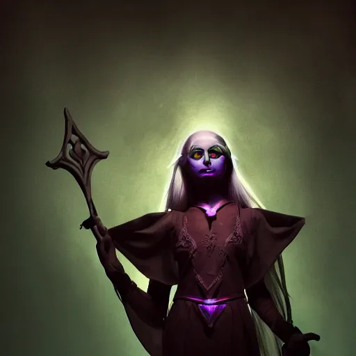 Prompt: Award-winning photograph of a beautiful young female drow wizard, dramatic lighting