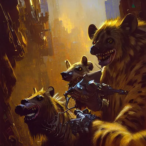 Prompt: portrait of a hyena gnoll dentist. shadowrun furaffiniy cyberpunk fantasy highly detailed painting by gaston bussiere craig mullins jc leyendecker gustav klimt artgerm greg rutkowski john berkey, bergey, craig mullins, ruan jia, raymond swanland, jeremy mann, tom lovell, alex malveda