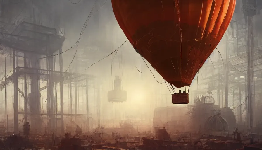 Prompt: Hot air balloon factory plant in a Dieselpunk city, steam, epic composition, intricate, elegant, volumetric lighting, digital painting, highly detailed, artstation, sharp focus, illustration, concept art, ruan jia, steve mccurry