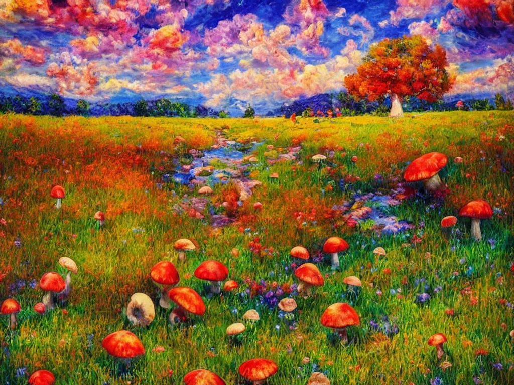 Image similar to an impressionist painting of a gorgeous meadow filled with colorful mushrooms with a stream flowing through it, psychedelic colors, colorful sky in background, high detail, trending on artstation