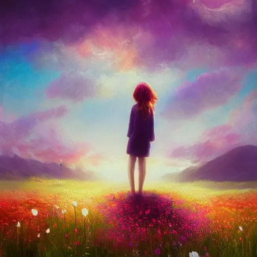 Image similar to girl with an blooming flower face, surreal photography, dream, standing in flower field, magical, in a valley, sunrise dramatic light, impressionist painting, colorful clouds, artstation, simon stalenhag, flower face